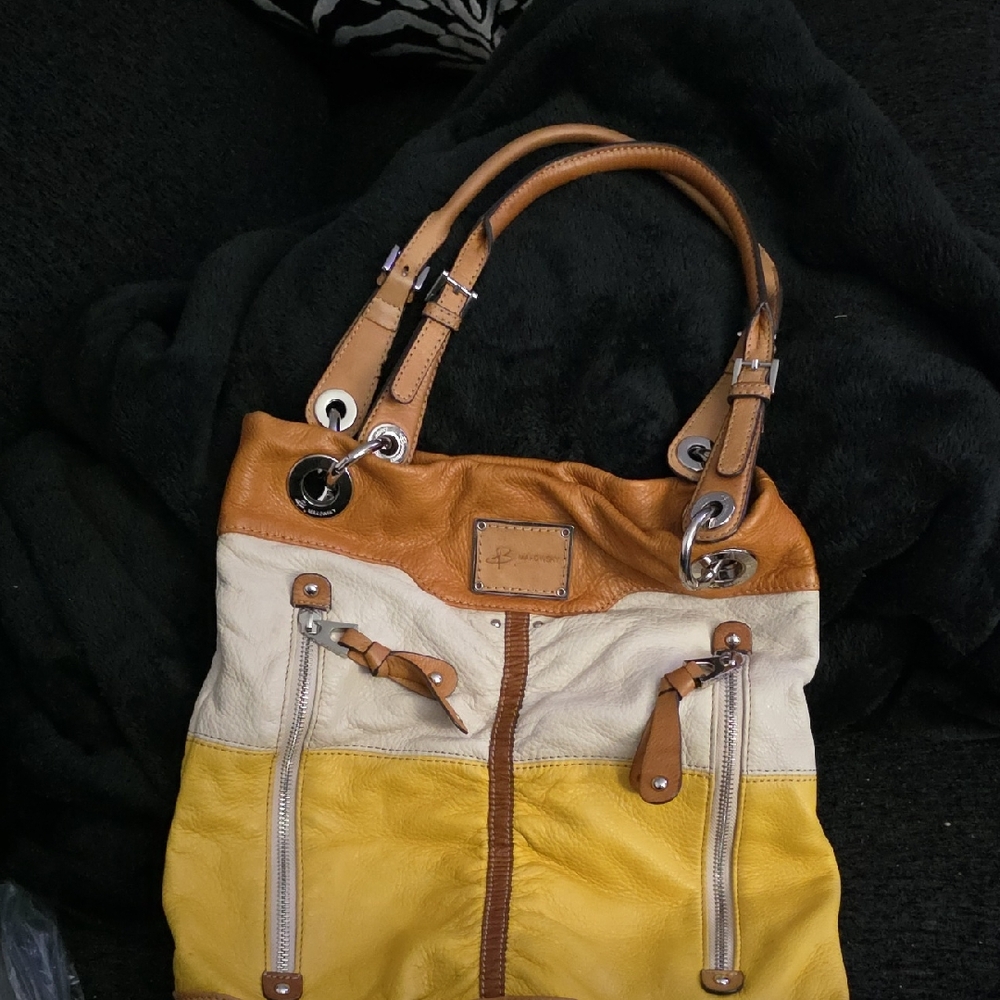 Striped Yellow, Cream & Tan Leather Tote Bag